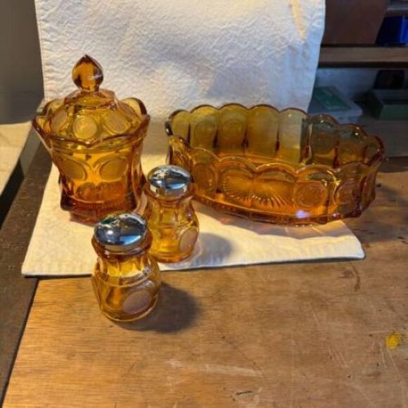 VTG Fostoria Amber Eagle/Torch Coin Glass Covered Compote/Bowl/Salt/Pepper Set - Picture 1 of 5